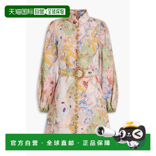 1h可退 香港直邮ZIMMERMANN 女士 束带印花亚麻迷你连衣裙 1096DF
