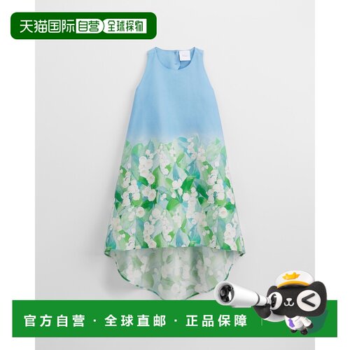 欧洲直邮Dior迪奥 女孩蓝色棉质花卉印花不对称连衣裙
