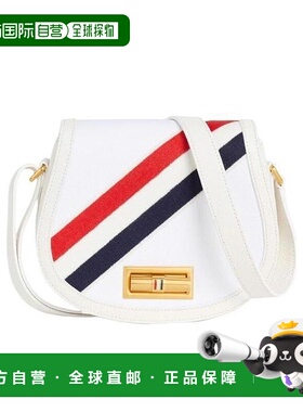 香港直邮Thom Browne 白色棉帆布小牛皮皮革绣斜条纹小肩鞍包 FAP