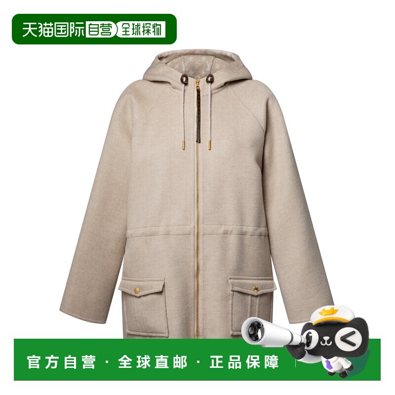 自营欧洲直邮LV路易威登 女士米色羊毛拉链闭合连帽派克大衣外套