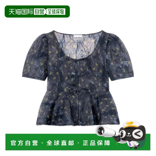 Ganni 蝴蝶结荷叶边罩衫 A1040267短袖泡泡袖 【付后1h可退】
