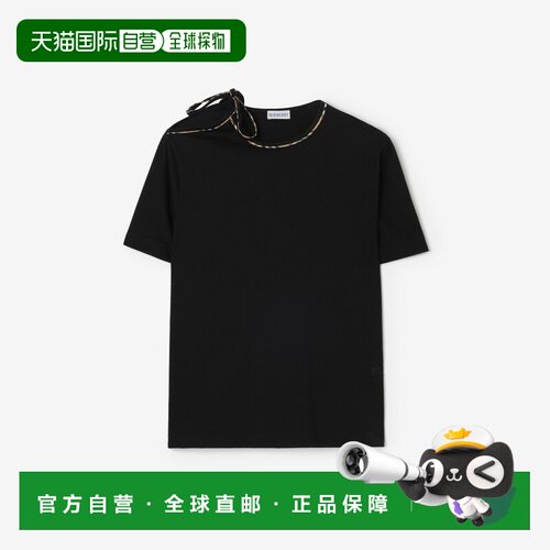 自营欧洲直邮Burberry博柏利 女士黑色棉质打结袖T恤