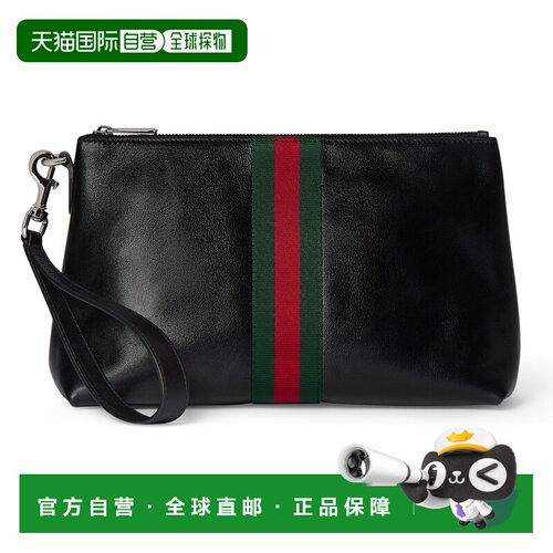 自营欧洲直邮GUCCI古驰 Web Trademark中号女士黑色皮革手拿包