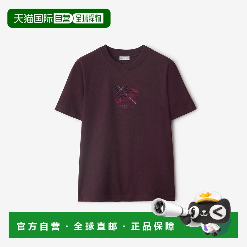 自营欧洲直邮Burberry博柏利 EKD系列女士酒红色棉短袖格纹T恤