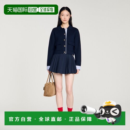 自营欧洲直邮Sandro桑德罗 女士藏青色羊毛针织Polo领长袖开衫
