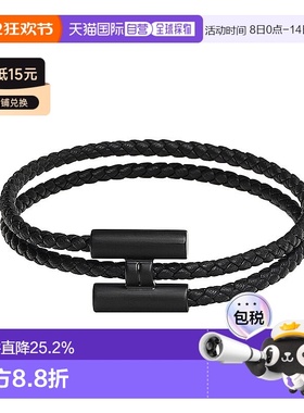 自营1h可退 欧洲直邮Hermes爱马仕编织手链男士黑色小牛皮金属