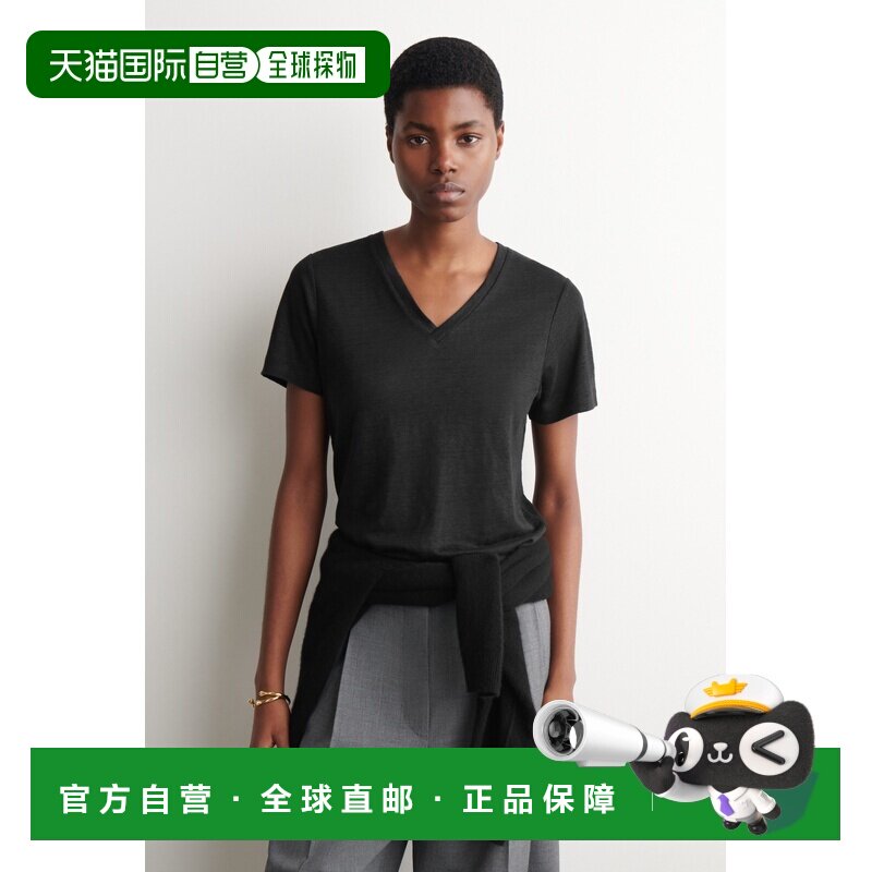 自营欧洲直邮COS 女士黑色亚麻V领T恤图片
