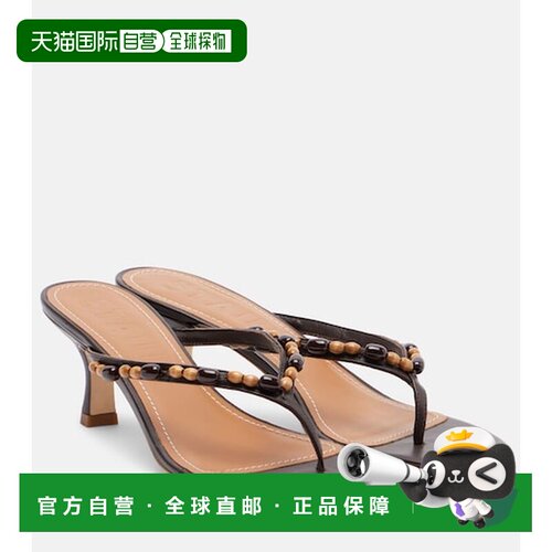 1h可退 香港直邮Staud 女士 Freja 珠饰皮质人字拖 brown棕色 舒