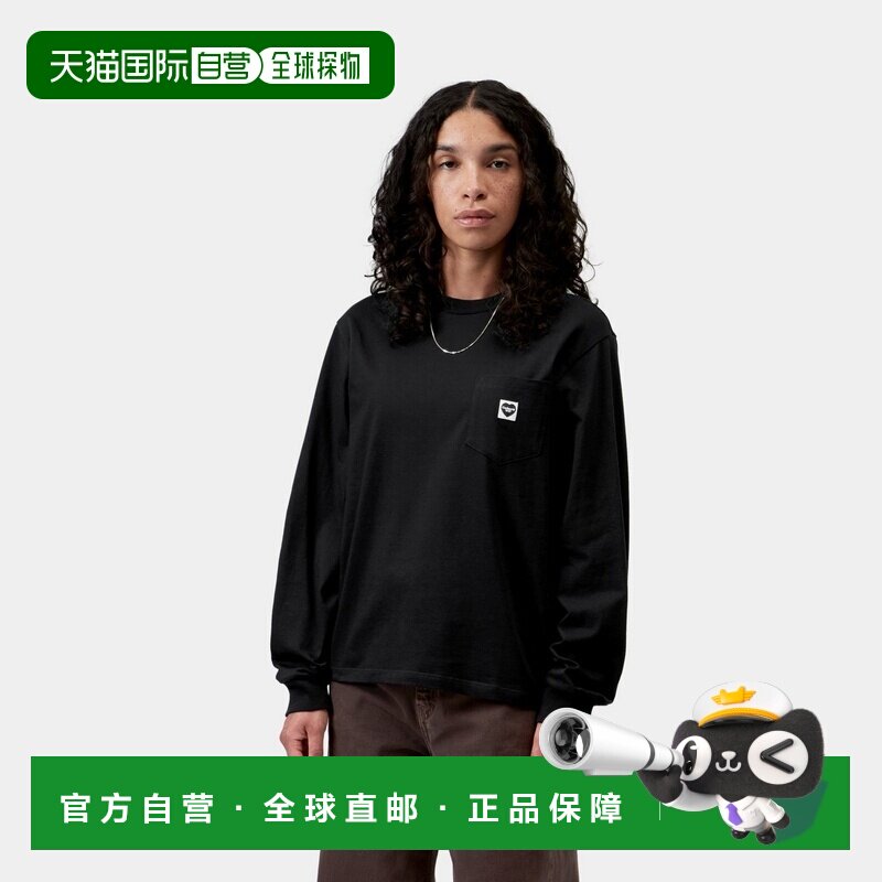 自营欧洲直邮Carhartt WIP 女士黑色棉质心形贴片口袋长袖T恤