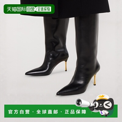 欧洲直邮自营GUCCI古驰 Bombshell女士黑色皮革高跟金色细跟长靴