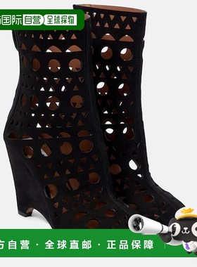 香港直邮Alaia 女士 Vienne 绒面革坡跟短靴 black黑色 舒适时尚