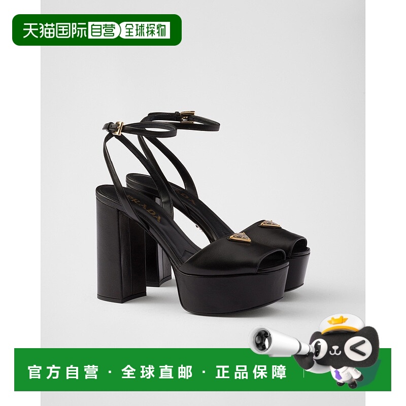 自营欧洲直邮Prada普拉达 女士黑色小羊皮金属三角标识凉鞋高跟
