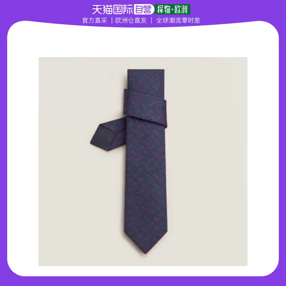 欧洲直邮Hermes爱马仕男士领带深蓝色印花丝绸柔软休闲百搭出行