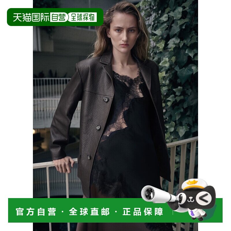 自营欧洲直邮Mango芒果 女士棕色带纽扣的皮质西装外套通勤