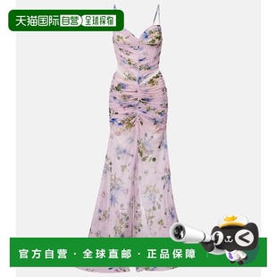 1h可退 香港直邮Blumarine 蓝色情人 女士 花朵褶皱透视礼服长裙