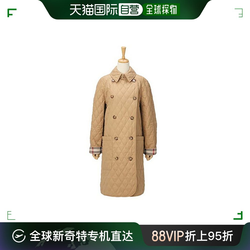 欧洲直邮BURBERRY/博柏利女士驼色格纹双排扣长款大衣外套羽绒服