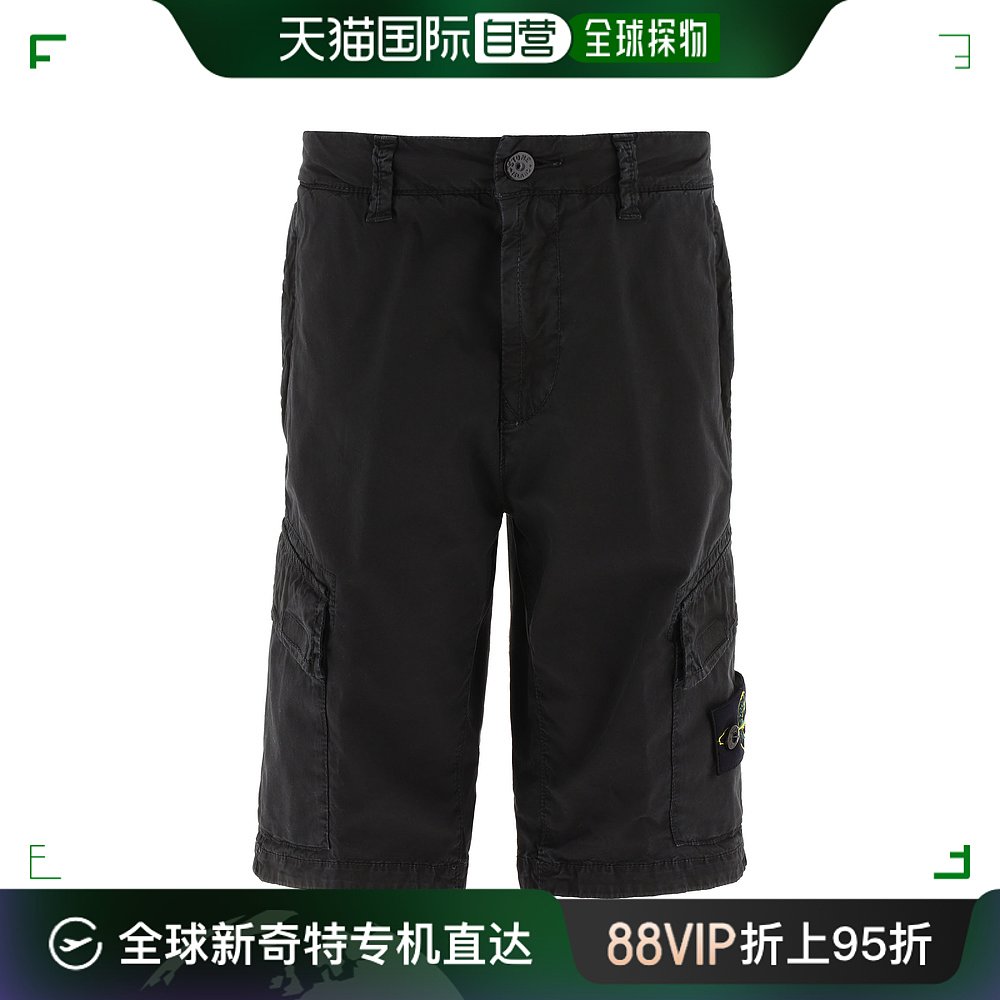 STONE ISLAND男童黑色棉质单扣直筒徽标短裤潮流复古时尚童短裤