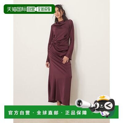 1h可退 香港直邮ASOS 女士 设计长袖缎面褶皱嵌紫红色长款连衣裙