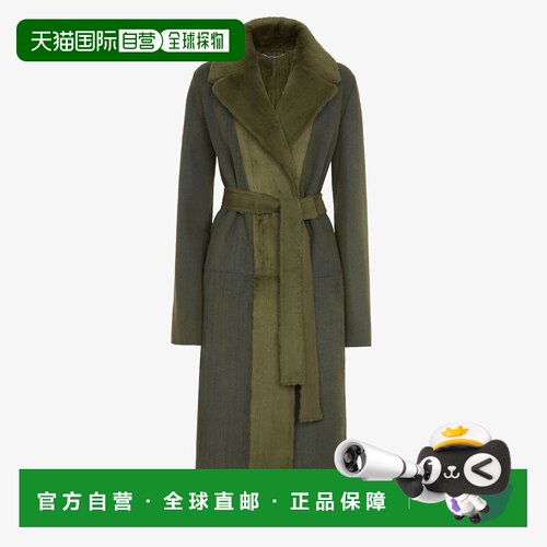 自营欧洲直邮Fendi芬迪 女士深橄榄绿羊羔皮长款腰带大衣