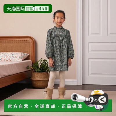 欧洲直邮Bonpoint小樱桃 Topaz女童绿色天鹅绒印花褶皱连衣裙
