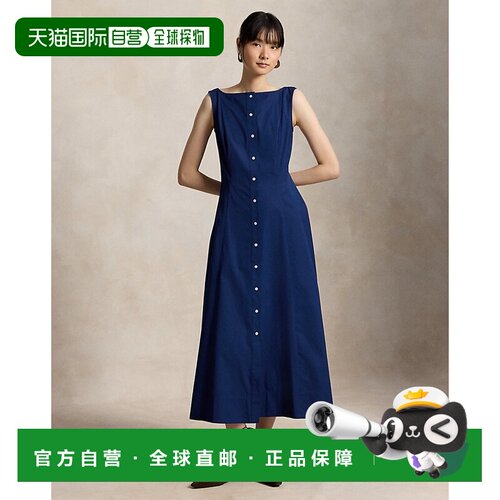 自营欧洲直邮Ralph Lauren拉夫劳伦 女士靛蓝色纯棉交领系带连衣