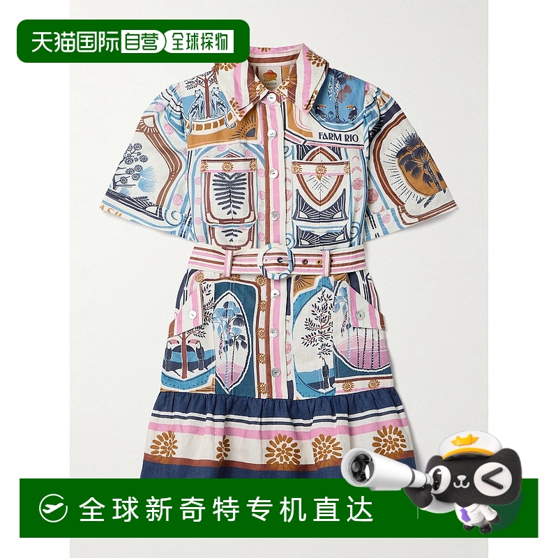 1h可退香港直邮FARM RIO女士 Cerrado Stamps束带印花亚麻迷你