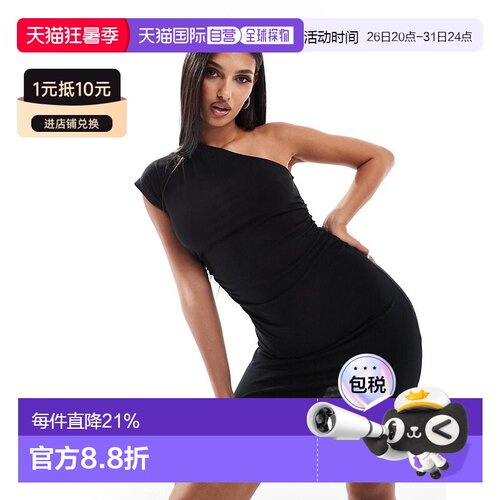 香港直邮ASOS 女士 设计单肩褶皱侧边迷你连衣裙(黑色)包臀裙