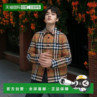 欧洲直邮自营BURBERRY博柏利 灰褐色棉质网格纹长排扣棉服情 男士