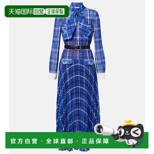 香港直邮Self-Portrait 女士 束带格纹雪纺中长连衣裙