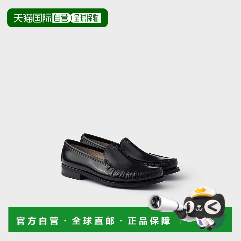 自营欧洲直邮Prada普拉达 男士黑色小牛皮丝印徽标莫卡辛鞋