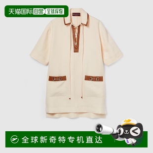 欧洲直邮Gucci 连衣裙 古驰 女士象牙白亚麻帆布马衔扣V领短袖
