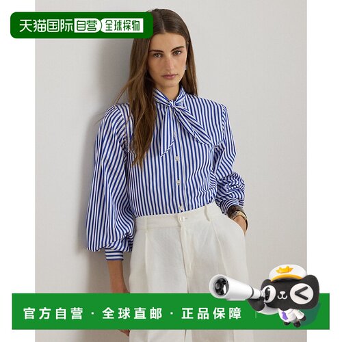 自营欧洲直邮Ralph Lauren拉夫劳伦 女士蓝色/白色棉质条纹领结衬