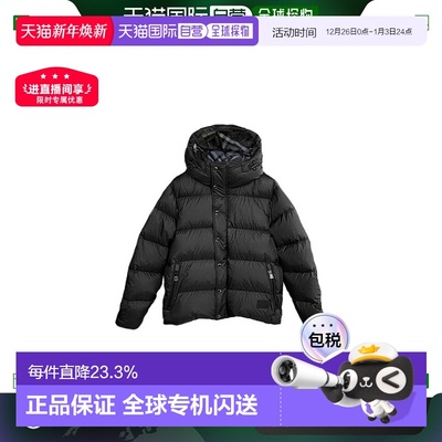 自营欧洲直邮Burberry/博柏利 男士黑色锦纶纯色拉链开合连帽羽绒