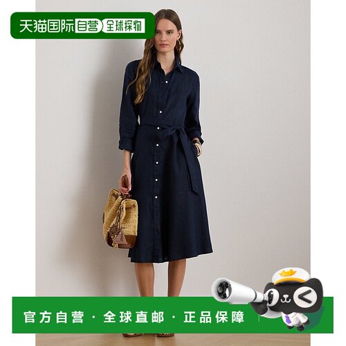 自营欧洲直邮Ralph Lauren拉夫劳伦 女士藏青色亚麻腰带衬衫式连