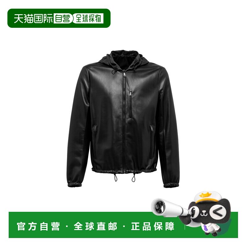 自营欧洲直邮Prada普拉达 男士黑色小羊皮拉链开合风帽夹克双面