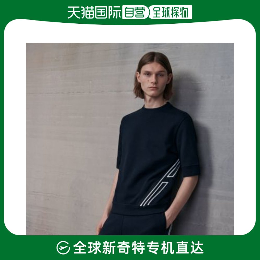 欧洲直邮Hermes爱马仕男士T恤线条装饰圆领宽松海军蓝色时尚
