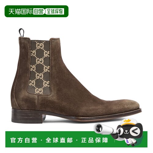 自营欧洲直邮GUCCI古驰 男士深棕色做旧绒面革高帮鞋切尔西靴短靴