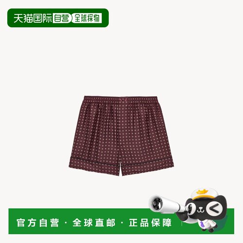 自营欧洲直邮YSL圣罗兰 女士酒红色丝质菱形图案睡衣短裤