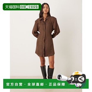 香港直邮ASOS 女士 设计垫肩衬衫式迷你后绑带巧克力色连衣裙
