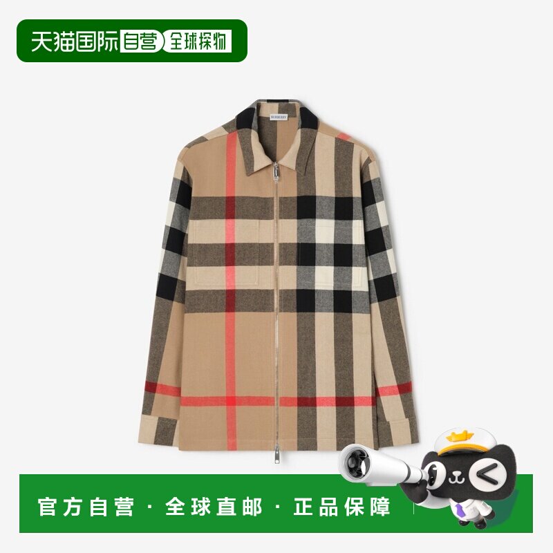 自营欧洲直邮Burberry博柏利 男士米色羊毛棉质格纹衬衫式外套