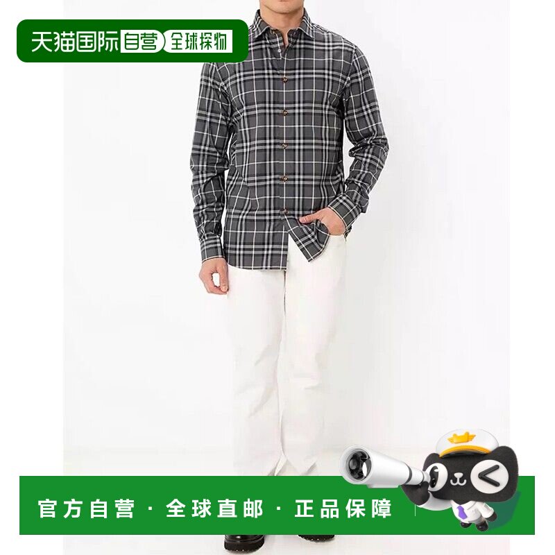 自营BURBERRY/博柏利 男士灰色棉质格纹单排扣长袖衬衫图片