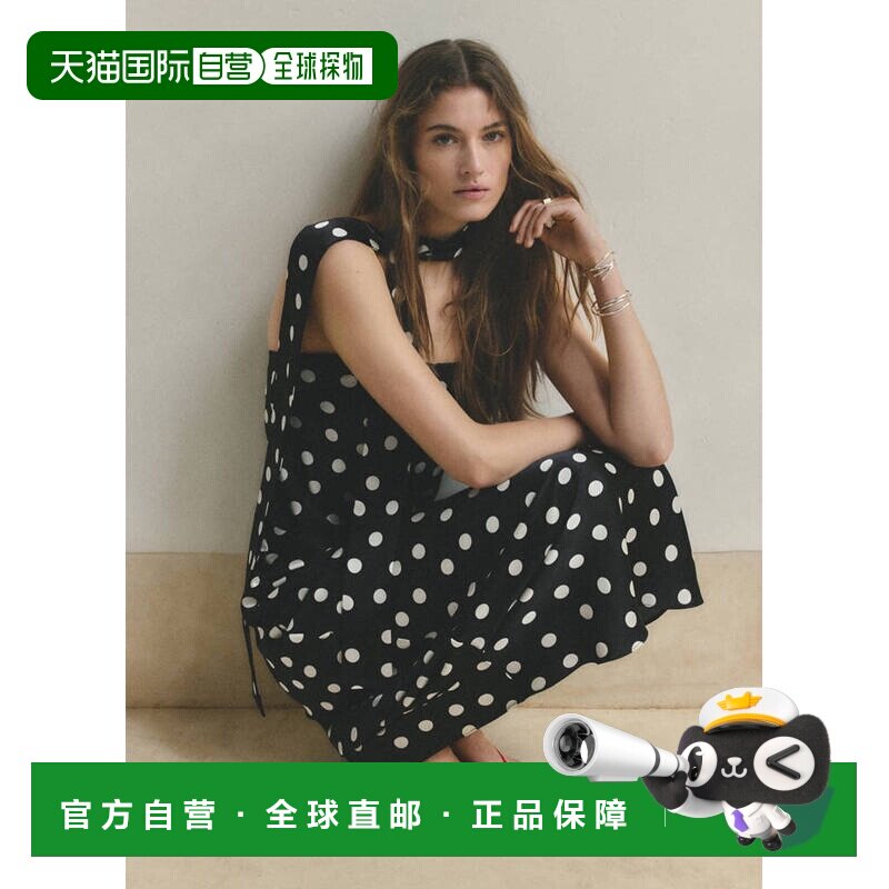 自营欧洲直邮MANGO 女士黑色聚酯纤维波点缎面连衣裙吊带长裙图片