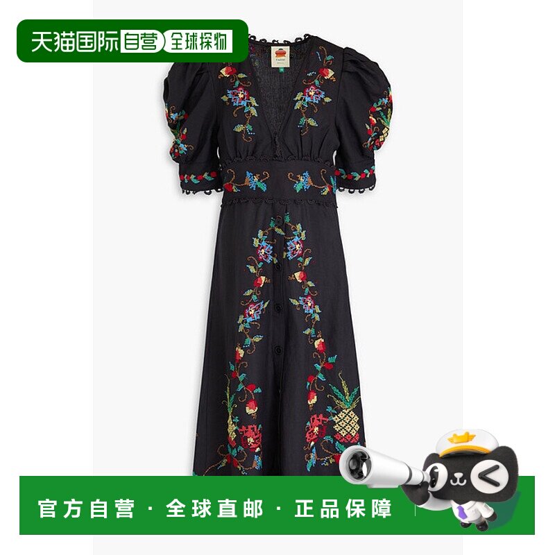 1h可退 香港直邮FARM RIO 女士 刺绣亚麻混纺中长连衣裙 300576BL
