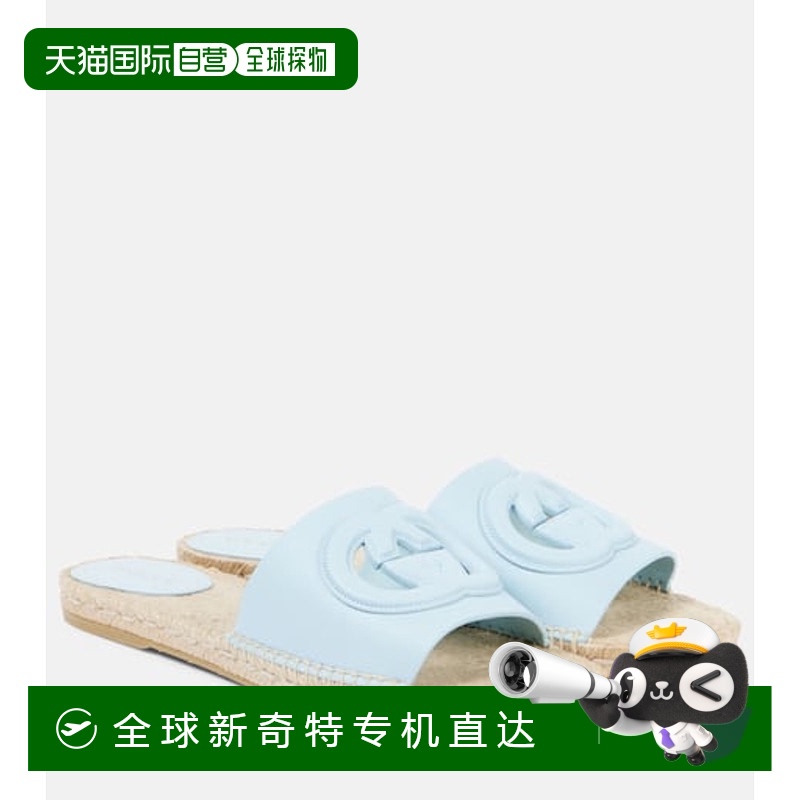 1h可退 香港直邮Gucci 古驰 女士 GG 镂空皮质麻底凉拖 blue蓝色