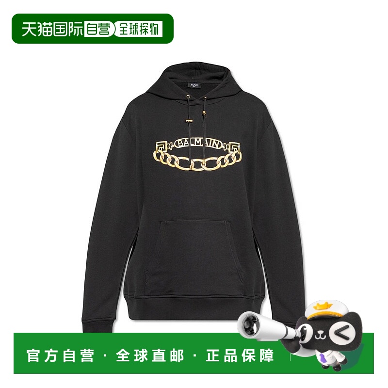 1h可退 香港直邮Balmain 巴尔曼 男士 標誌印花抽繩連帽衫 FH1JT0