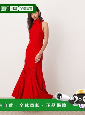 香港直邮ASOS 女士 EDITION 天鹅绒挂脖带导丝辊裙摆红色长款连衣