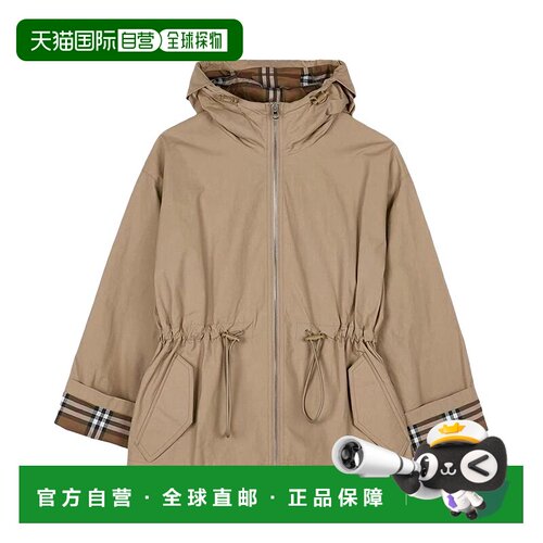 自营欧洲直邮Burberry博柏利 女士米色内衬格纹抽绳连帽夹克外套