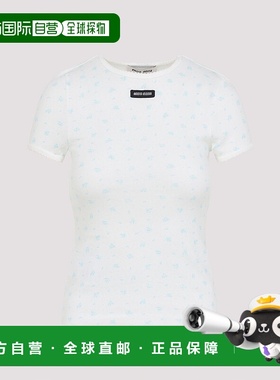 1h可退 香港直邮Miu Miu 缪缪 女士 白色浅蓝棉质T恤 MJNA08SOOO1