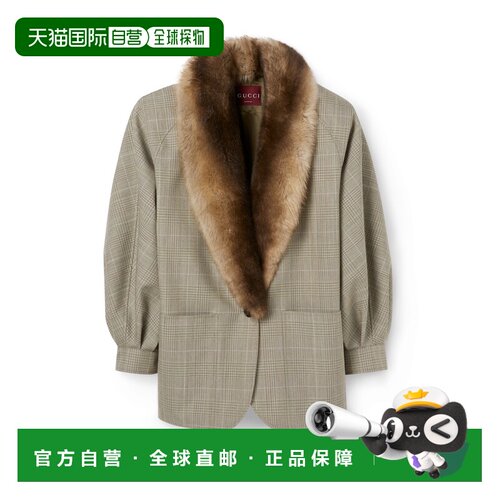 自营欧洲直邮GUCCI古驰 威尔士王子格纹男士米色/棕色羊毛领羊毛