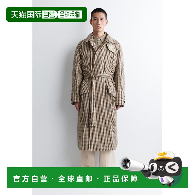 自营欧洲直邮COS 男士米色格纹棉混纺长款绗缝立领腰带大衣男装
